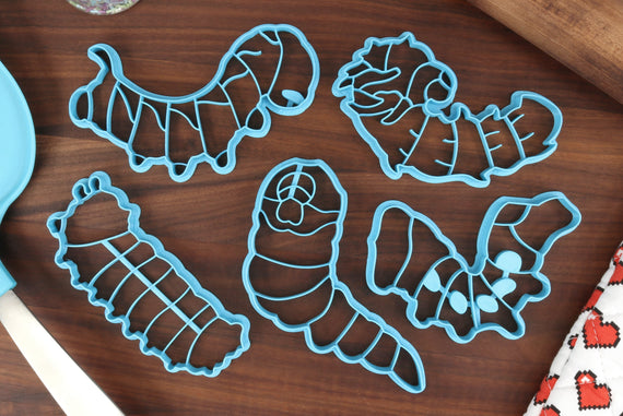 Moth Caterpillars Cookie Cutters - Crecopia Silk, Fawn Sphinx, Hickory Horned Devil, Pandorus Sphinx, Polyphemus - Caterpillar Cookies
