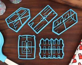 Construction Materials Cookie Cutters, Set 1 - Bag of Cement, Cinderblock, Picket Fence, Plank of Wood, Red Brick - Constructing Necessities