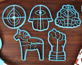 Good Luck Charms, Set 2 - Lucky Cookie Cutters - Dala Horse, Evil Eye Charm, Figa Charm, Hamsa, Jin Chan - Superstition Cookie Cutter